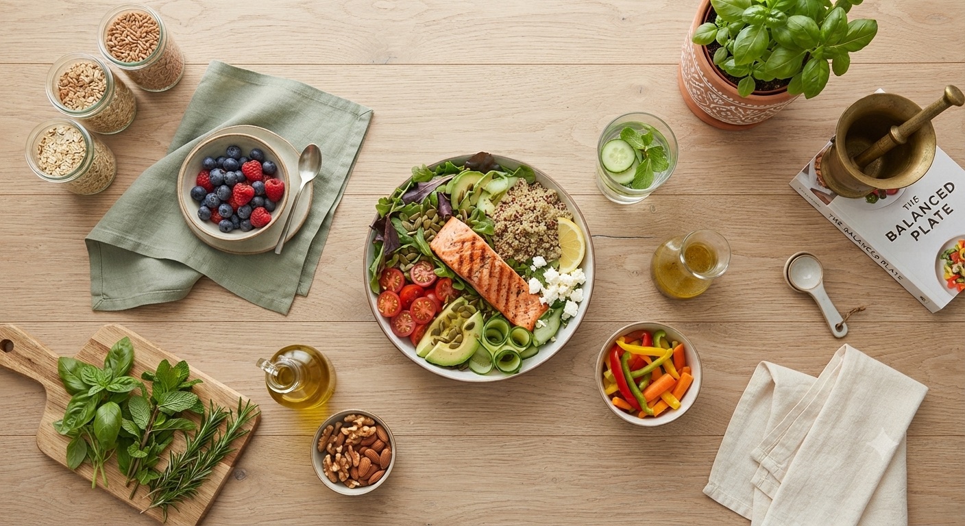 Fresh ingredients and a balanced bowl arranged on a wooden table